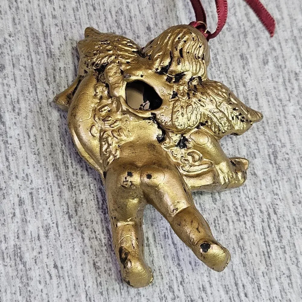 Vintage Christmas Ornament Angel Cherub Gold Finish Victorian Holiday Decoration